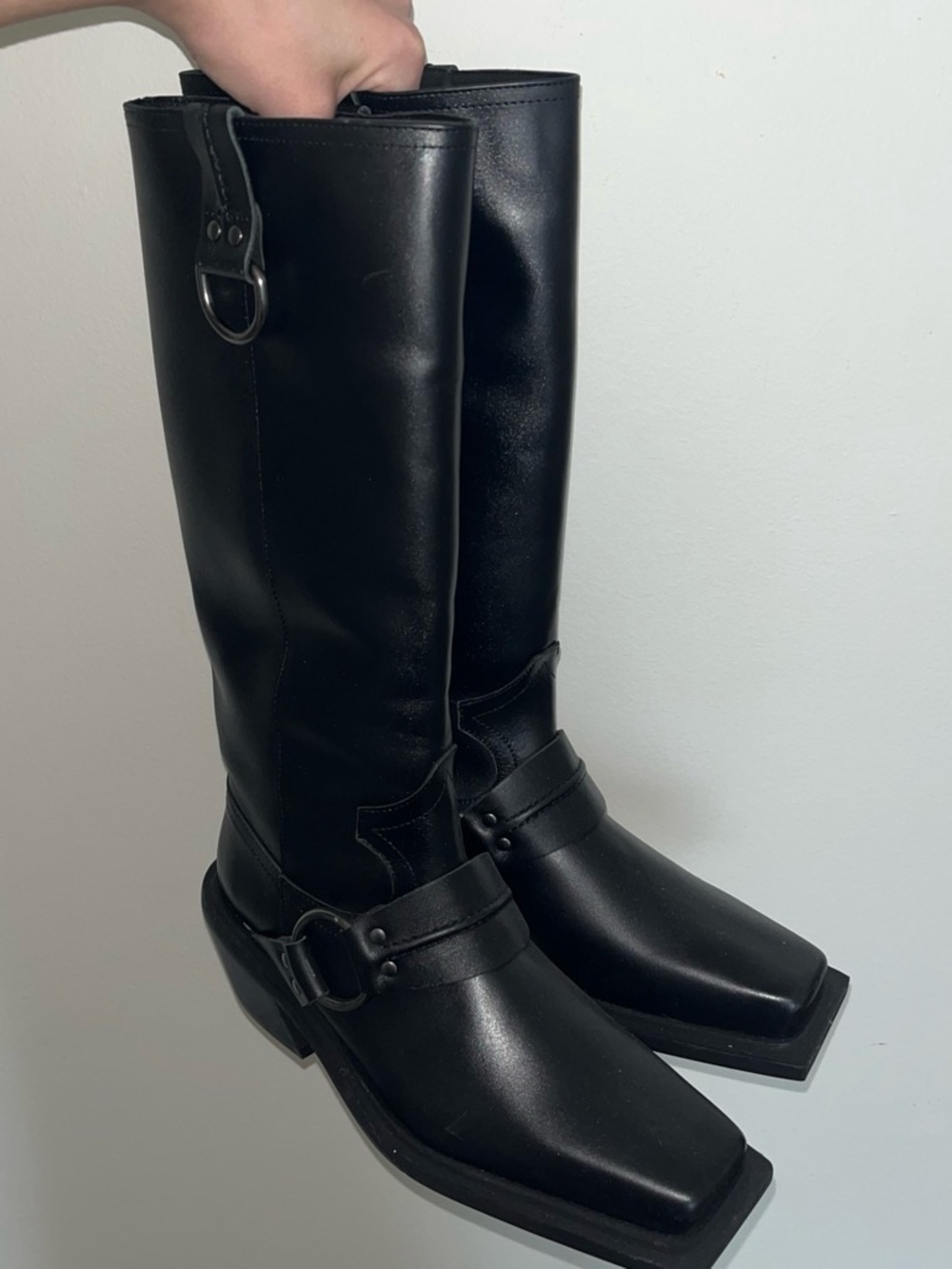 Topshop Black Knee-High Square-Toe Harness Boots. BRAND NEW!